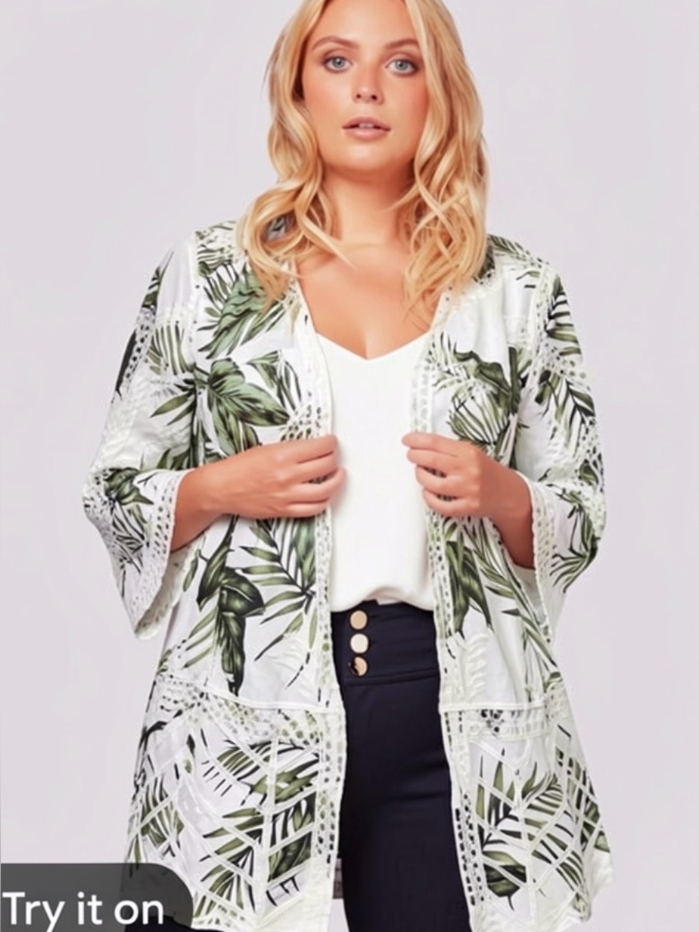Chicos 3/4 Sleeve Open Front embroidered cardigan kimono 1 med 178